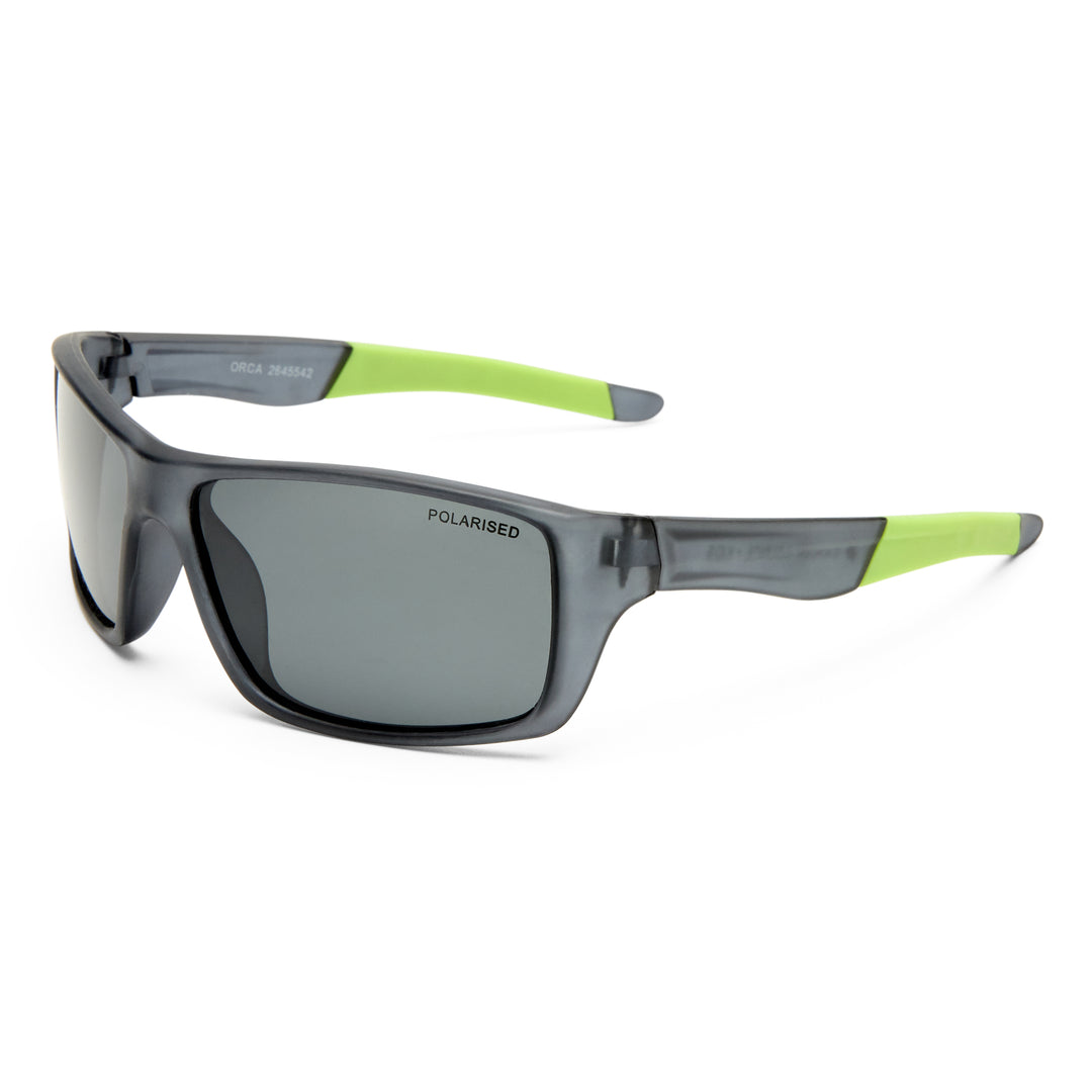 POLARISED sunglasses with a translucent dark gray frame, dark gray lenses, and bright lime green temple tips, shown on a white background.