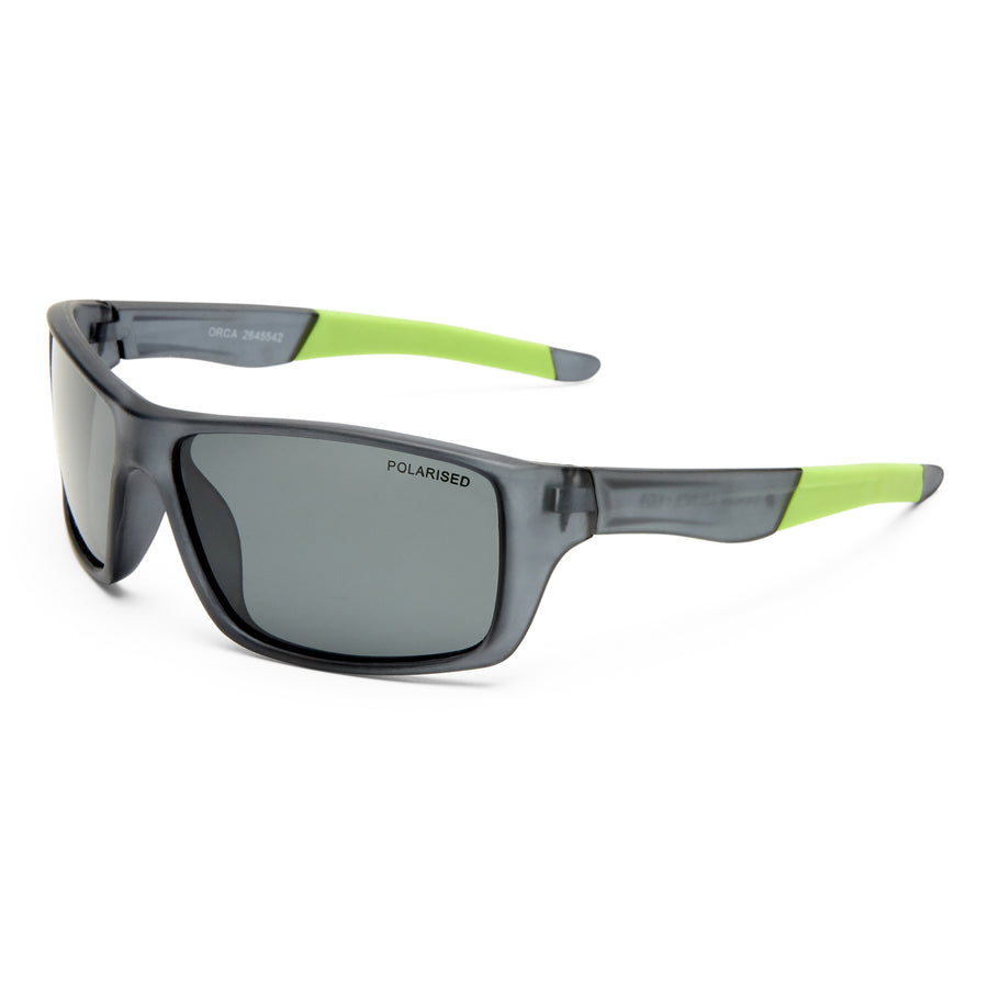 POLARISED sunglasses with a translucent dark gray frame, dark gray lenses, and bright lime green temple tips, shown on a white background.