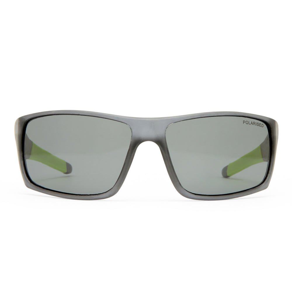 A pair of rectangular sunglasses with a matte dark gray frame and gray lenses, featuring olive green temple tips, set against a plain white background.