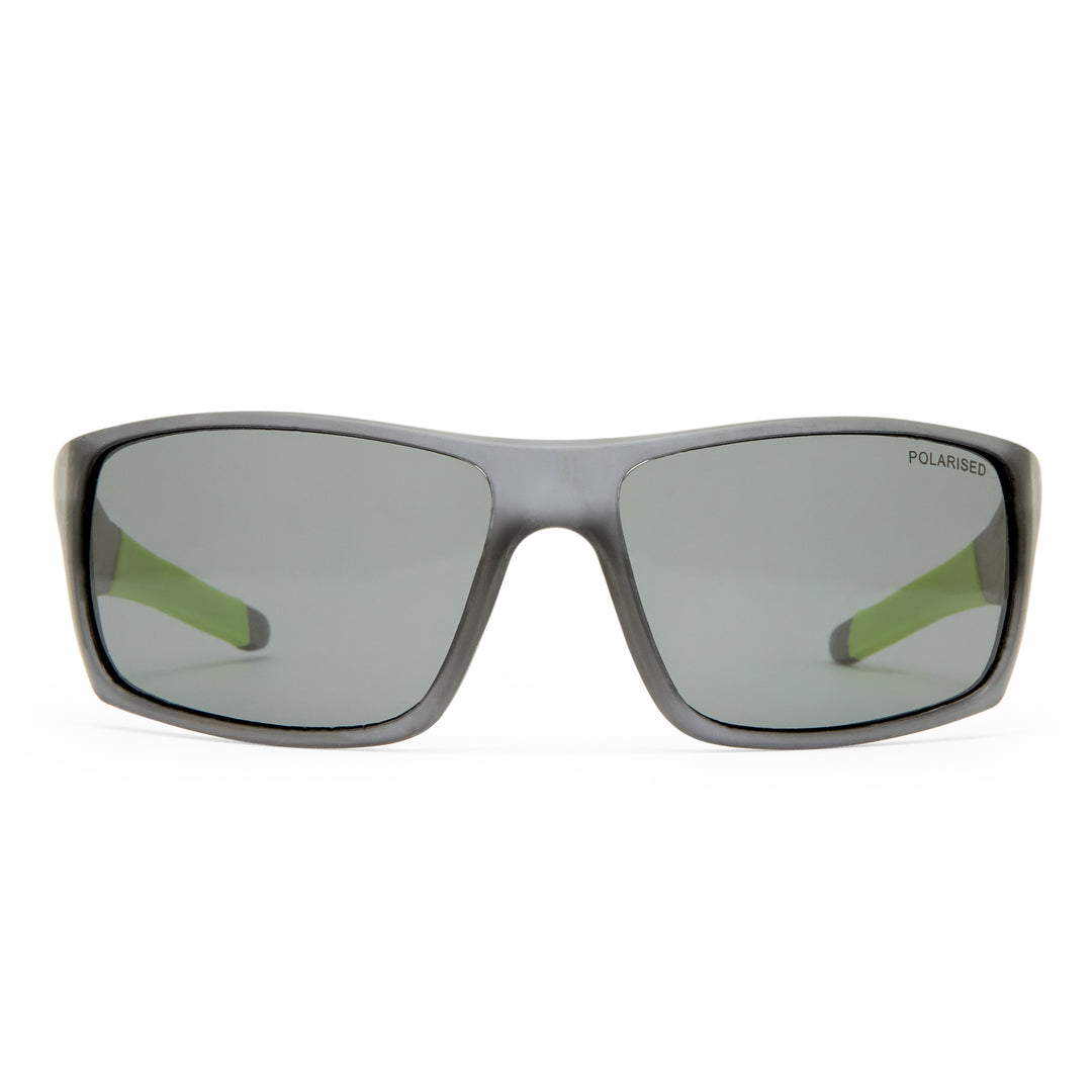 A pair of rectangular sunglasses with a matte dark gray frame and gray lenses, featuring olive green temple tips, set against a plain white background.