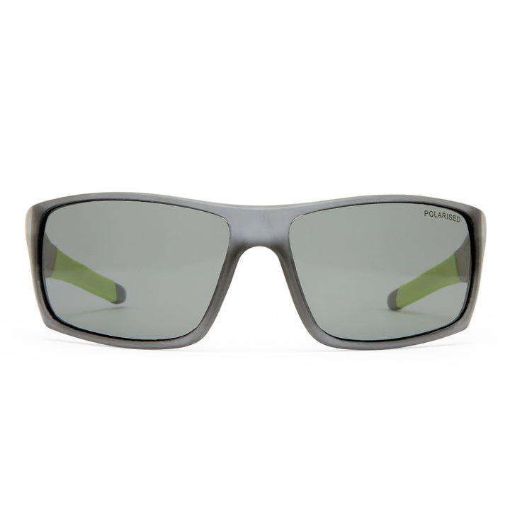 A pair of rectangular sunglasses with a matte dark gray frame and gray lenses, featuring olive green temple tips, set against a plain white background.