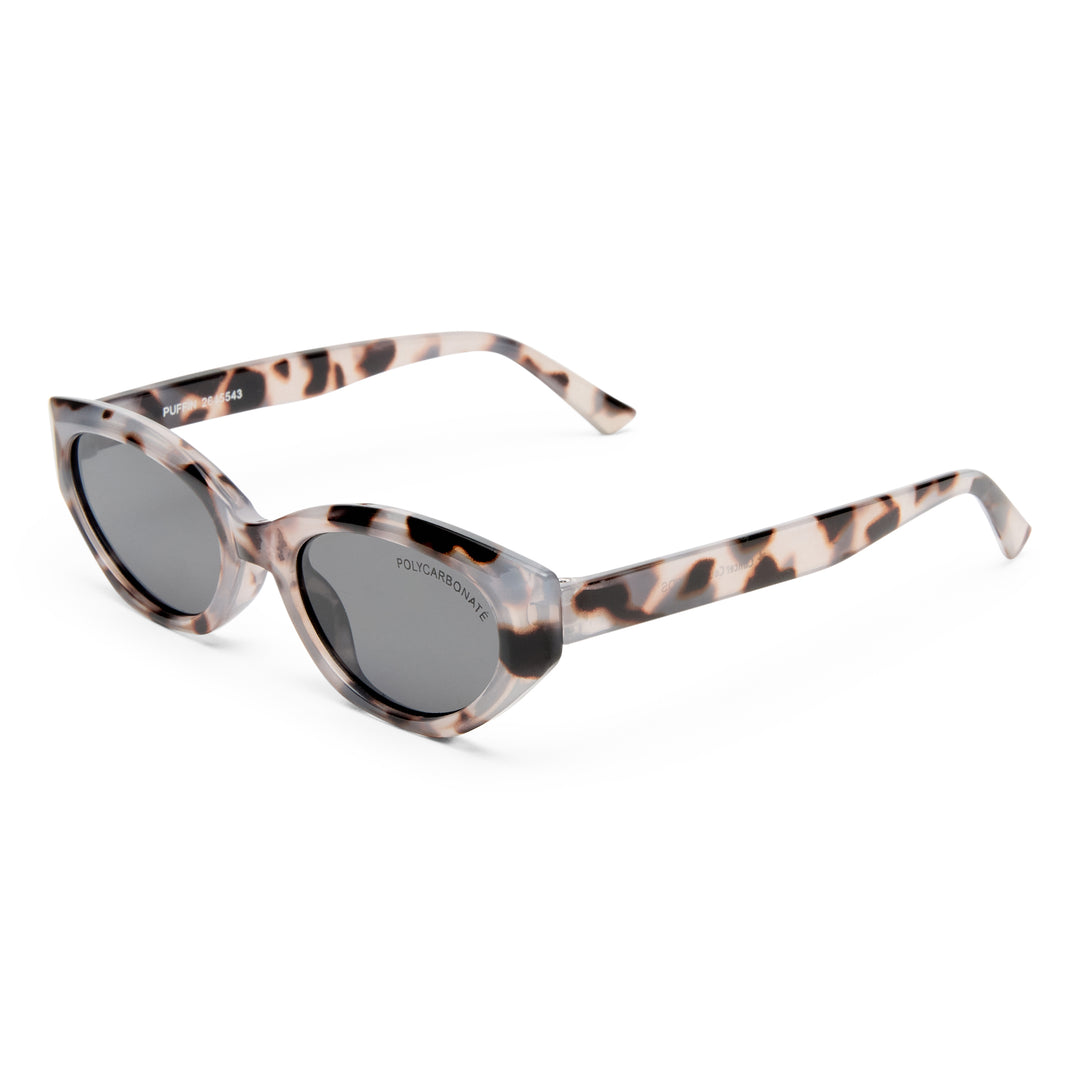 Sunglasses with tortoiseshell frame and gray lenses on a white background