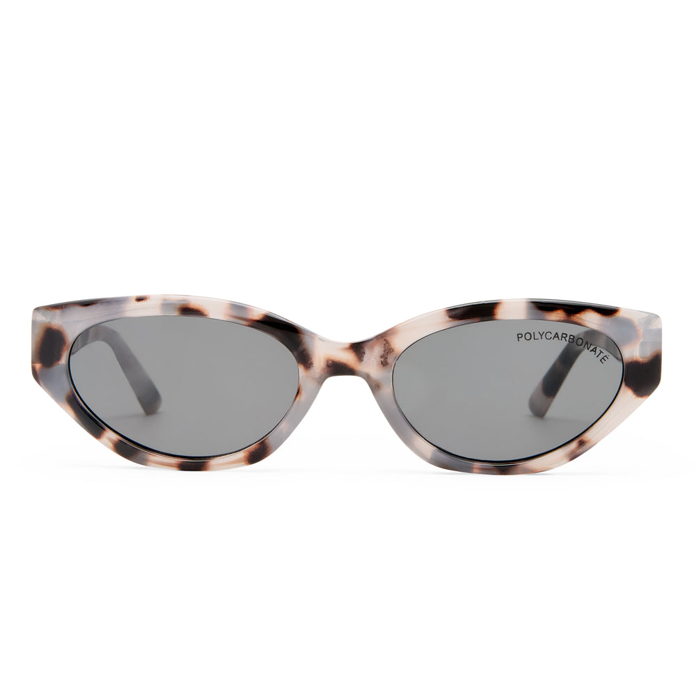 Sunglasses with tortoiseshell frame and dark lenses on a white background
