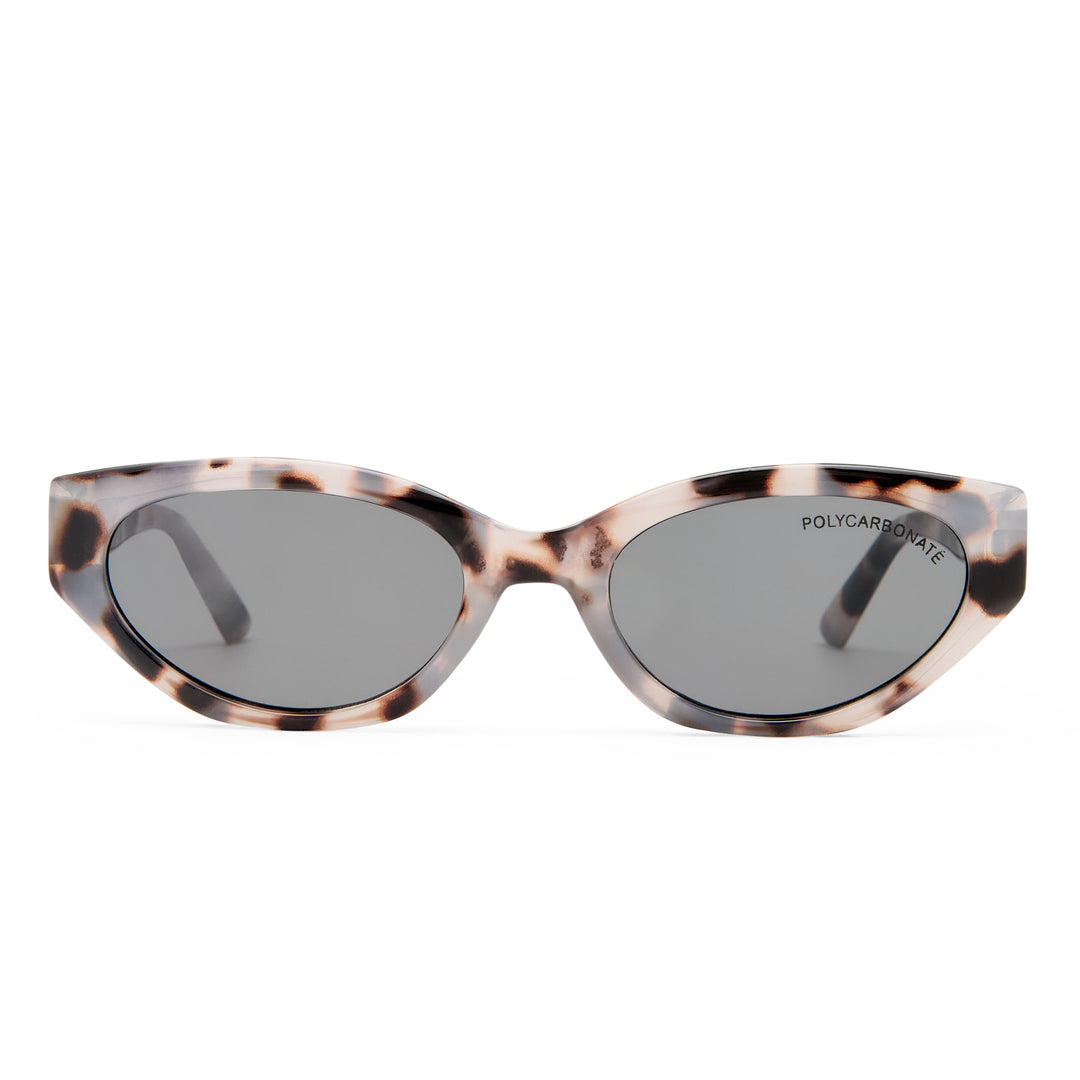 Sunglasses with tortoiseshell frame and dark lenses on a white background