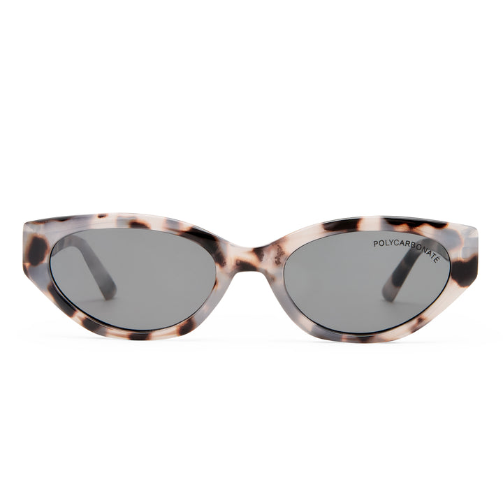 Sunglasses with tortoiseshell frame and dark lenses on a white background