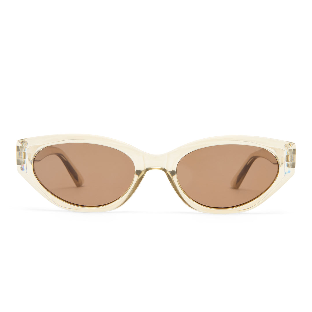 Sunglasses with a beige frame and brown lenses on a white background