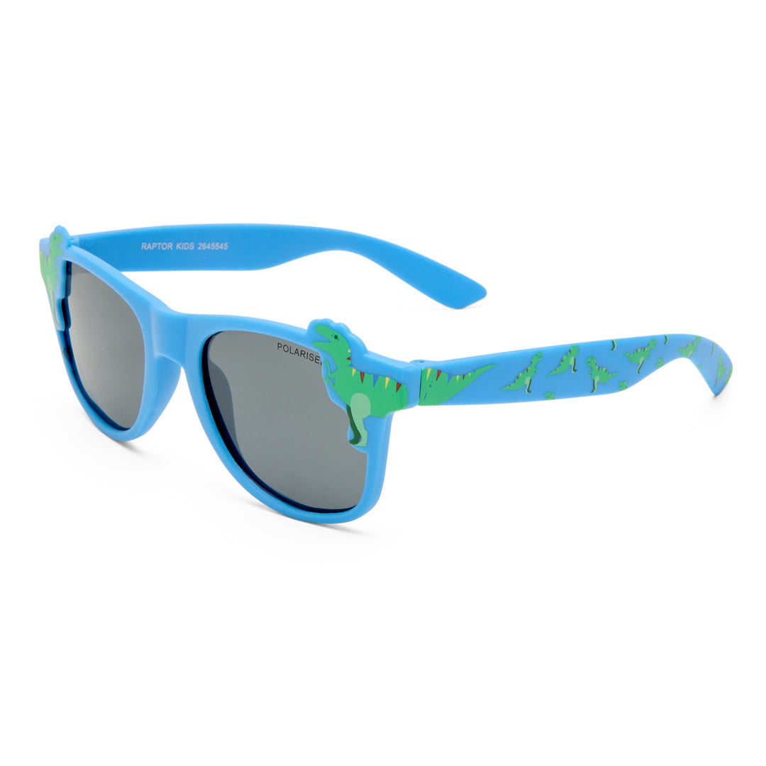 Blue kids' sunglasses with a dinosaur-themed design, featuring a green dinosaur accent on the front frame and a green and blue patterned temple arm, shown on a white background.