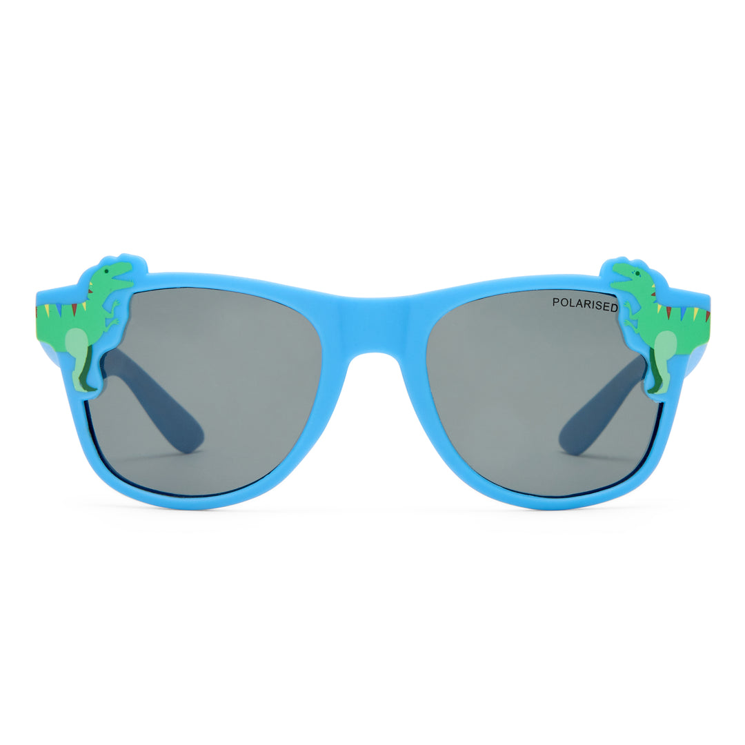 Blue children's sunglasses with gray lenses and green dinosaur-themed temple tips, shown on a plain white background.