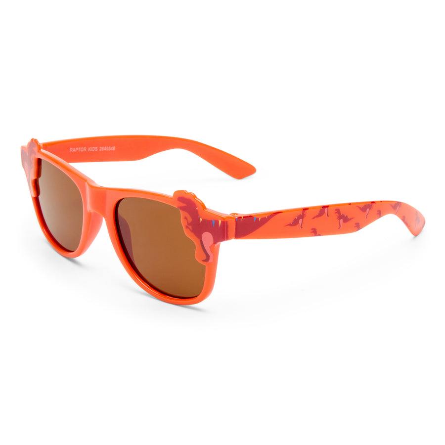 Bright orange sunglasses with a glossy frame, brown lenses, and a dinosaur 
design on the temples, shown on a clean white background.