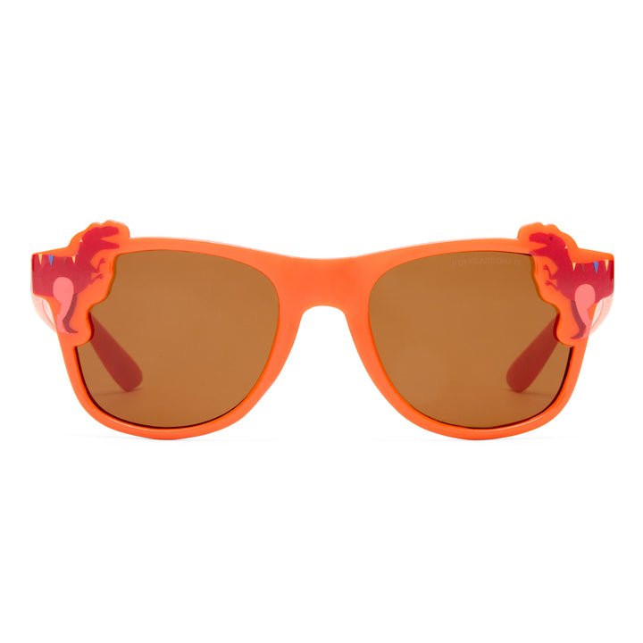 Bright orange sunglasses with brown-tinted lenses and decorative red and pink flame-shaped temple tips, shown against a plain white background.