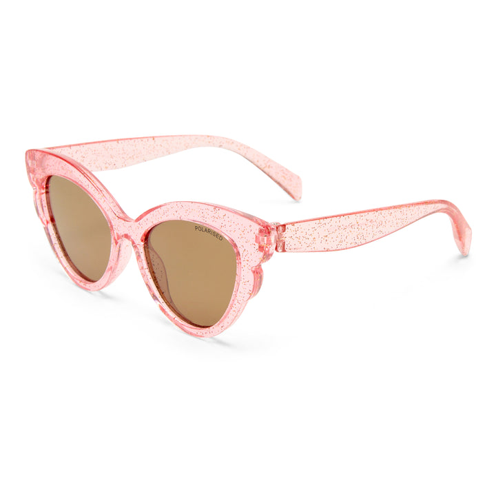 Pink cat-eye sunglasses with a glittery translucent frame and brown lenses, shown on a clean white background.