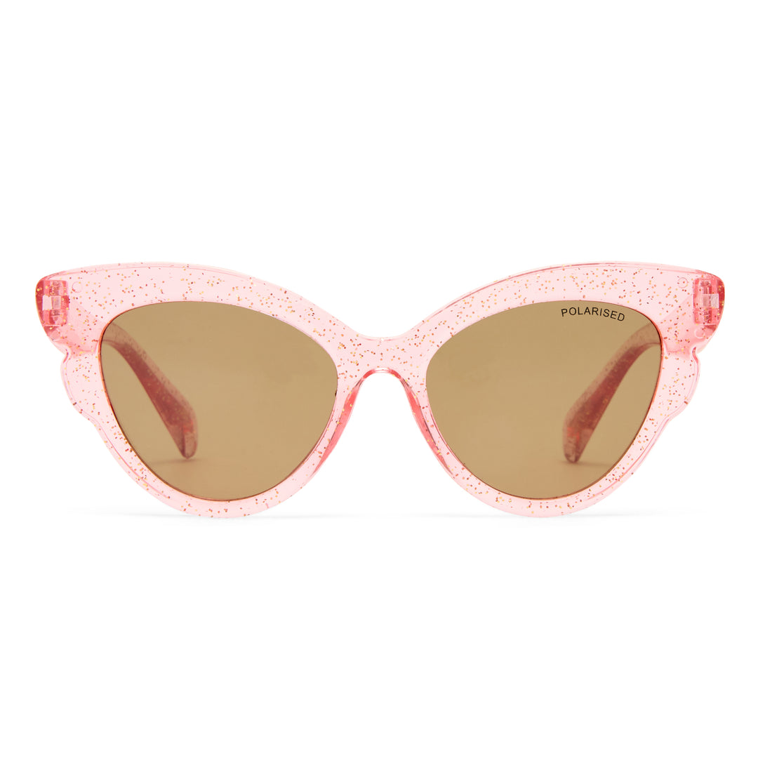 Pink cat-eye sunglasses with a glittery translucent frame and brown-tinted lenses, shown against a plain white background. 'POLARISED' is printed on the upper part of the right lens.