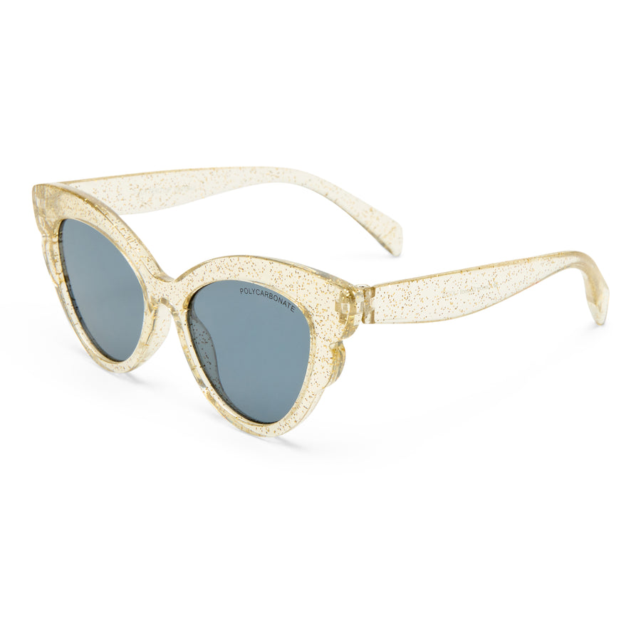 Cat-eye sunglasses with a textured, glittery champagne gold frame and dark gray lenses, shown on a clean white background.