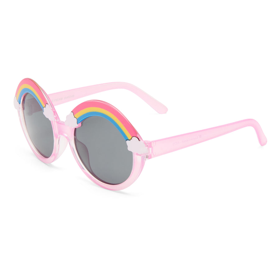 Pink sunglasses with rainbow design on a white background