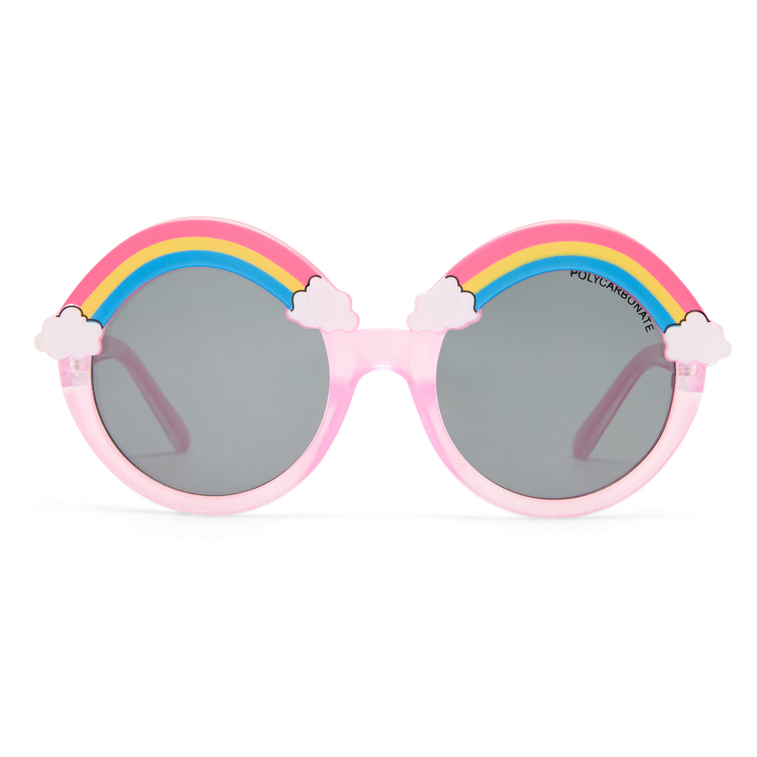 Pink sunglasses with rainbow design on a white background
