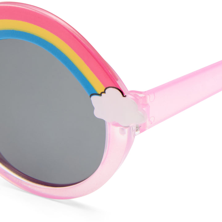Children's sunglasses with pink frame, rainbow design, and cloud detail on a white background