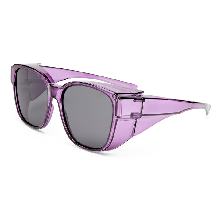 Purple sunglasses with clear frame on a white background