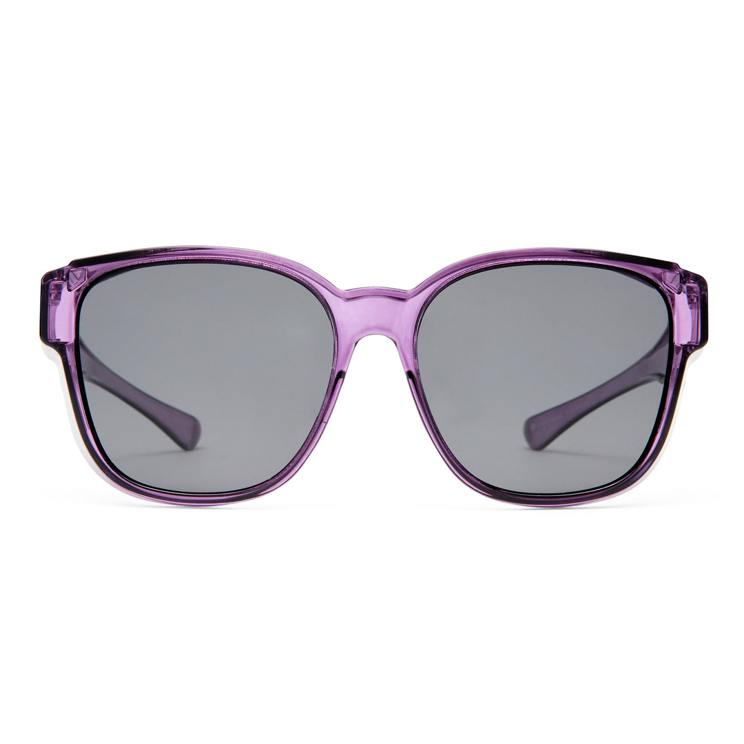 Purple sunglasses with dark lenses on a white background