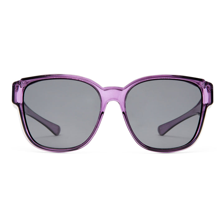 Purple sunglasses with dark lenses on a white background