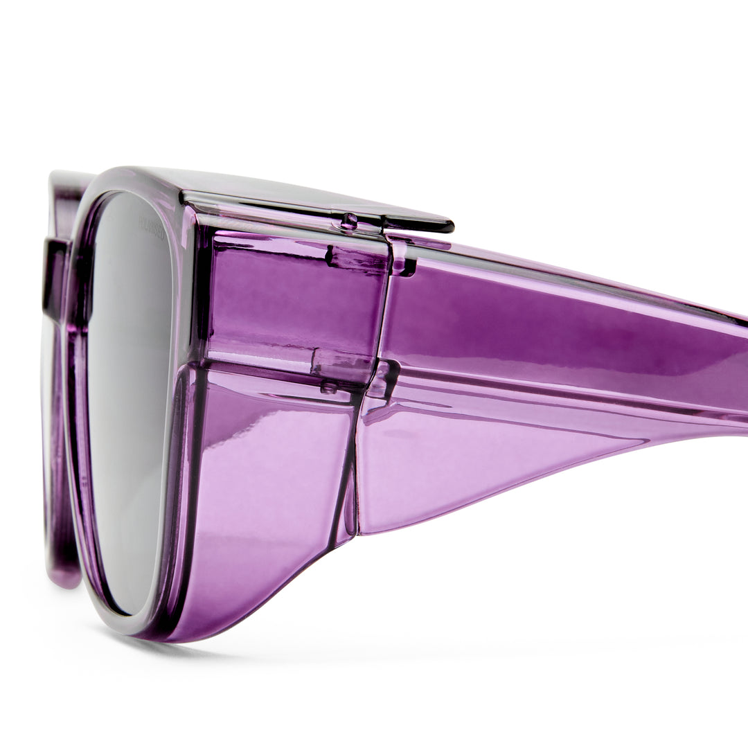 Purple sunglasses with a clear frame on a white background