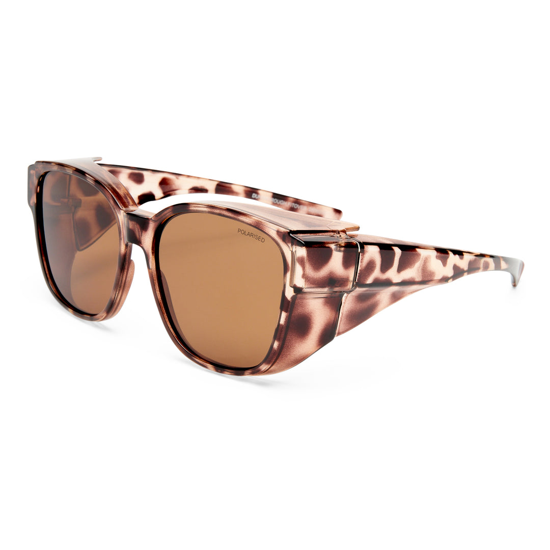 Sunglasses with tortoiseshell frame and brown lenses on a white background