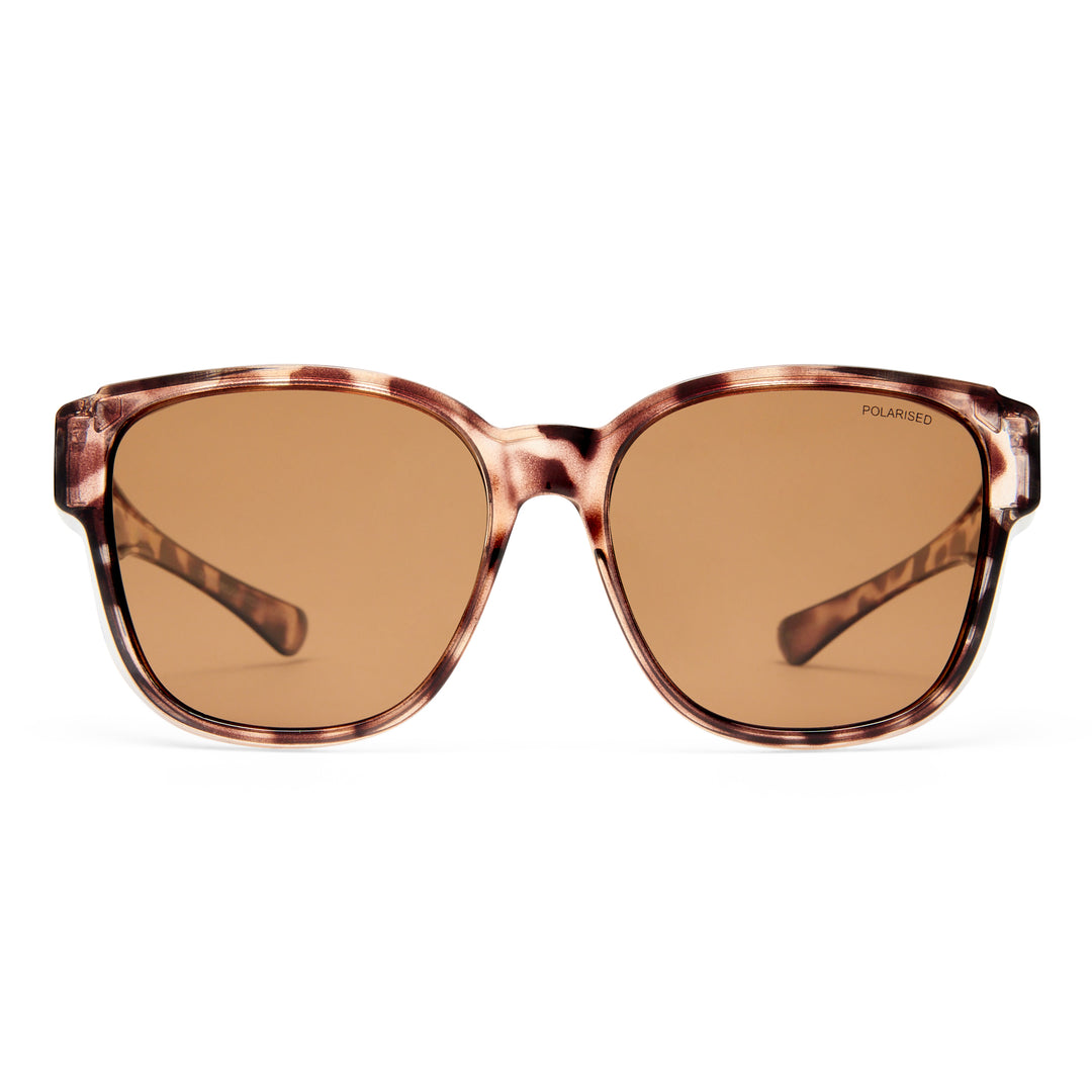 Sunglasses with tortoiseshell frame and brown lenses on a white background