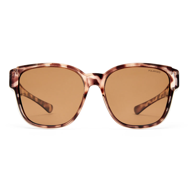 Sunglasses with tortoiseshell frame and brown lenses on a white background